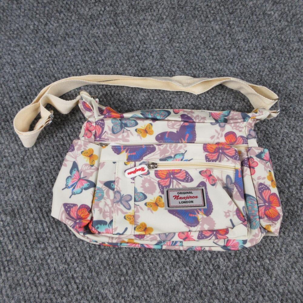 Butterfly Crossbody Bag Womens Small Cream Canvas Polyester Zip Adjustable Strap